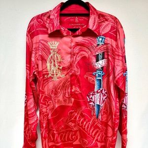 Christian Audigier Men's  Button up Shirt  Size M - red sword, crown, tattoo